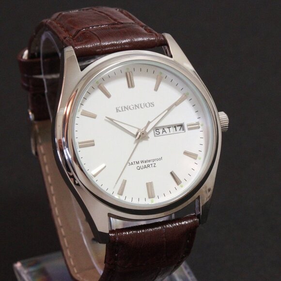 Men's Contemporary Dress Watch Silver Case Brown Leather Watch Strap 40mm - Picture 1 of 12